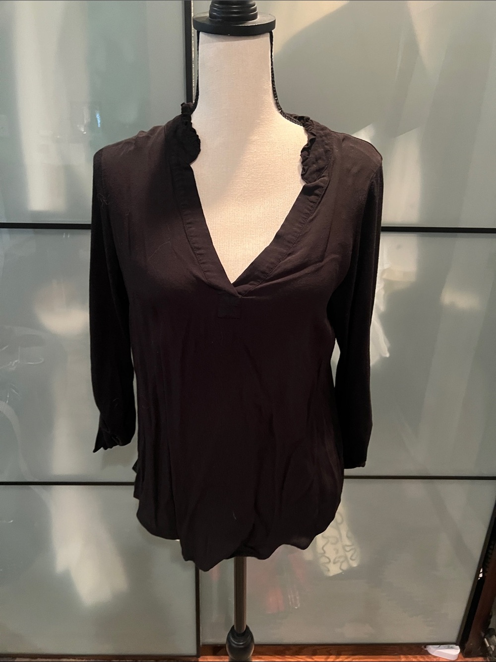 Anthropologie Black V-Neck Ruffle-Trim Blouse